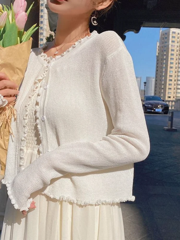 

Hsa Korean Sweater Spring Women V-Neck Thin Cardigan Fashion Long Sleeve Slim Knitted Sweater Sun Protection Cropped Top Mujer