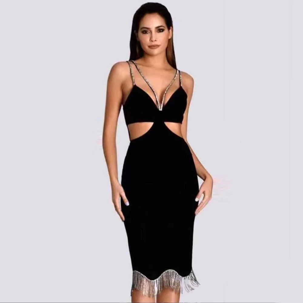 

Kritt 2023 Summer Women's New Beaded Tassel Bandage Dress V Neck Sexy Thin Shoulder Strap Hollow Tights Club Evening Dress