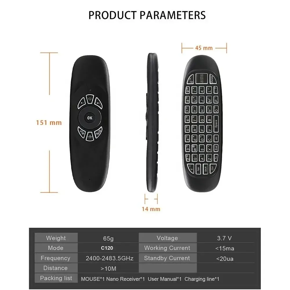 C120 Air Mouse 2 4G RF умный пульт дистанционного управления с 7-цветной подсветкой