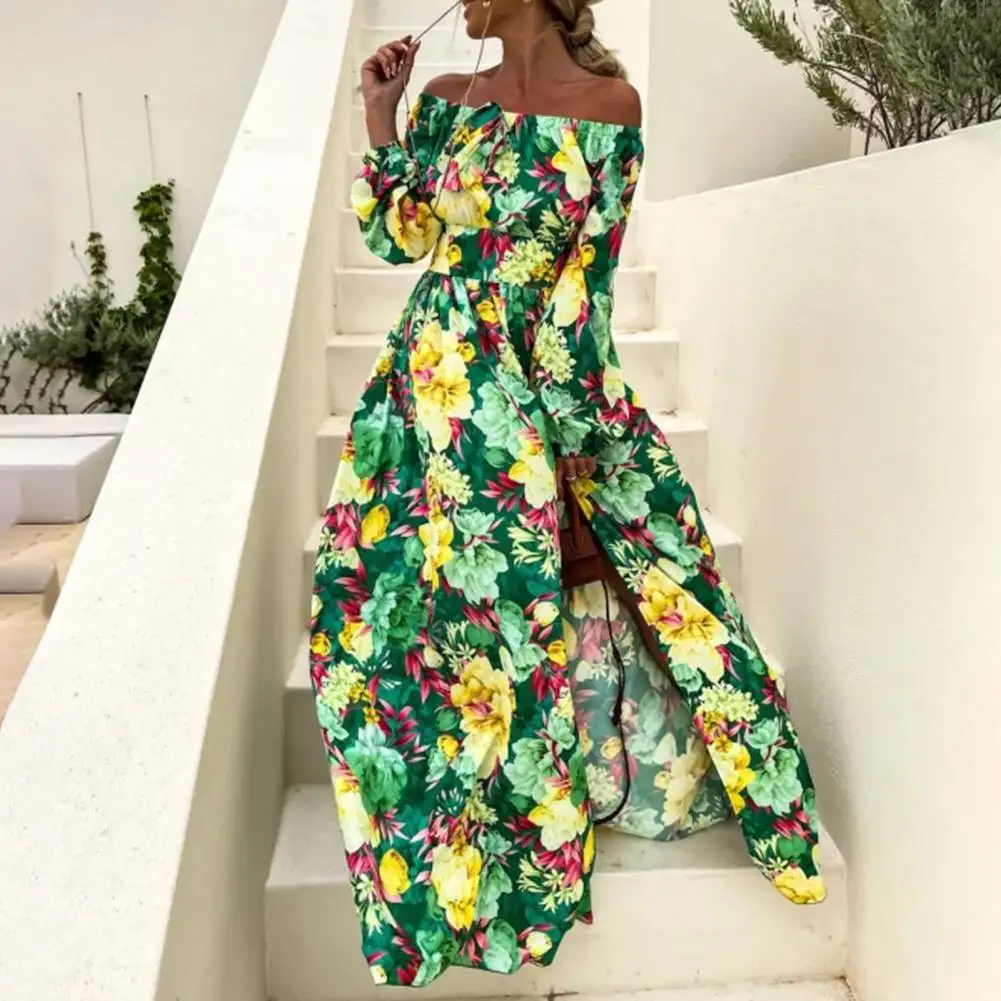 

Maxi Dress Off Shoulder Waist Tight Side Split Hem Flower Print Lantern Long Sleeve Women Dress Female Clothing