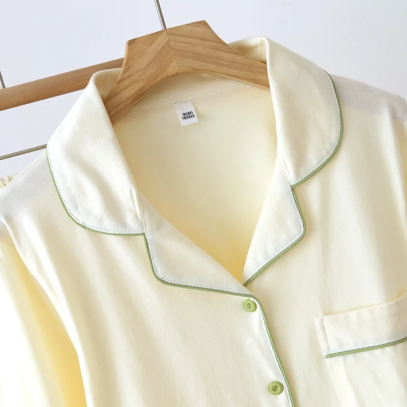 2023 New Spring/Summer Pajama Set Women's 100% Cotton Knitted Solid Color Large Size Long Sleeve Pants Two Piece Home Suit