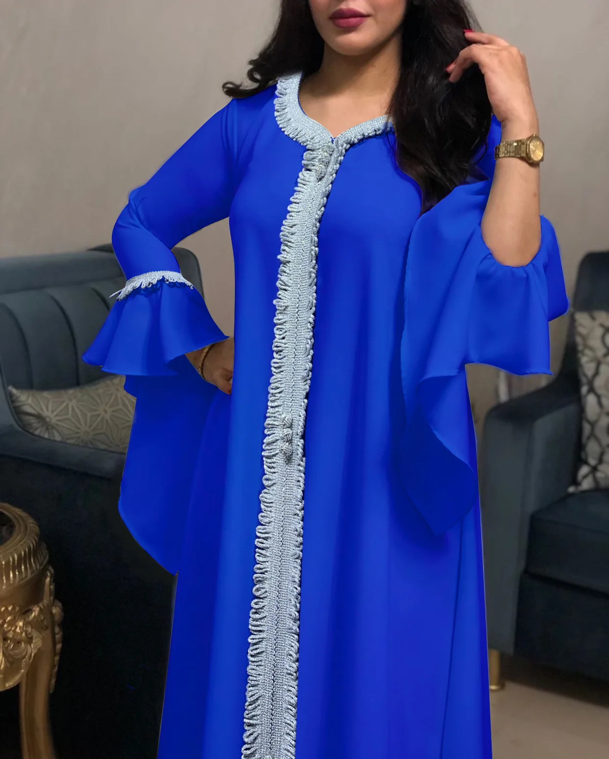 Elegant style style long dress 2023 new ruffle sleeve embroidered gold lace dress jalabiya Muslim woman