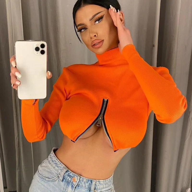

2021 Fall Women Fashion Solid Turtleneck T-Shirts Long Sleeves Zipper Slim Crop Top Sexy Y2K Party Elegant Fashion Streetwear