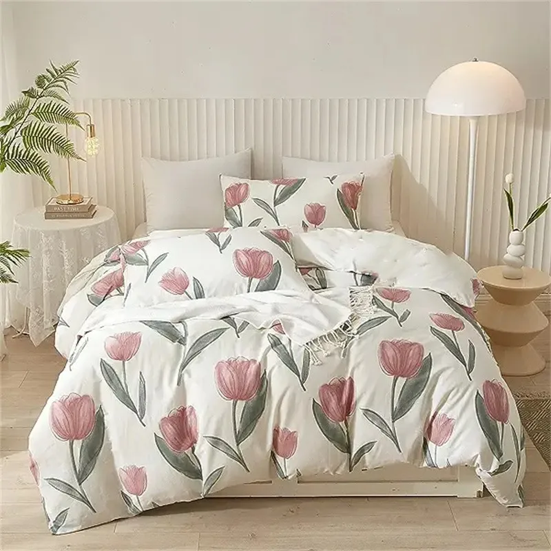 

Duvet Cover Vintage Garden Style Pink Tulip Bedding Duvet Cover Set Green Leaves Pattern with Pillowcases Girls Bedroom Decor