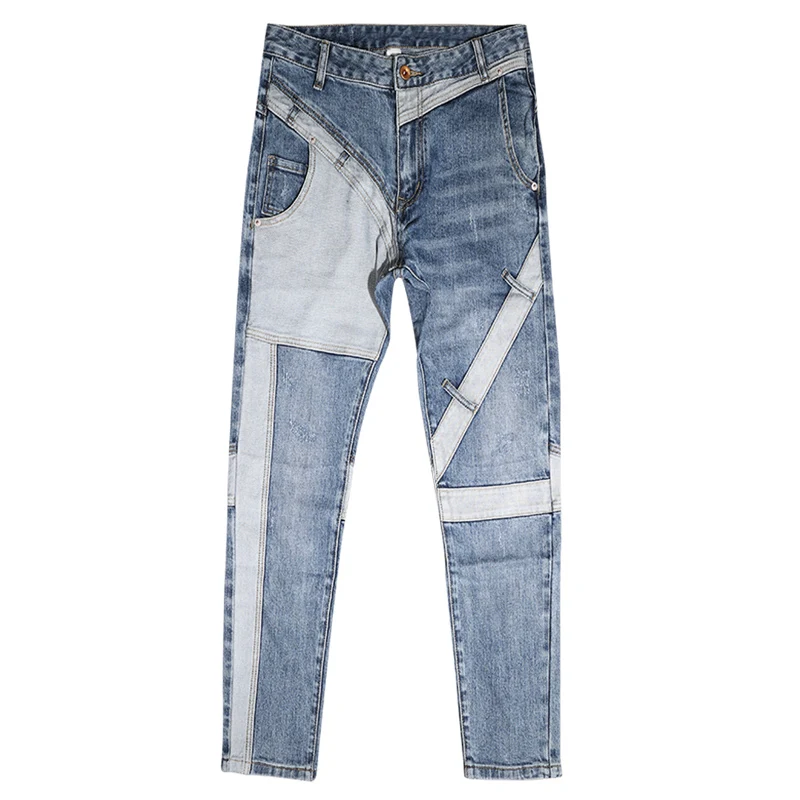 Streetwear Fashion Men Jeans Retro Blue Spliced Designer Slim Fit Ripped Jeans Men Elastic Vintage Trousers Hip Hop Pants Hombre