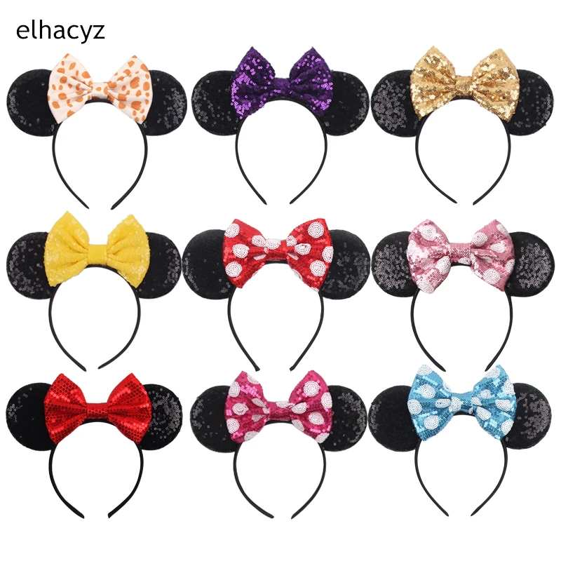 10Pcs Wholesale Classic Sequins Bow Headbands Girls Mouse Ears Hair Band Kids Glitter Headband Women Party Hair Accessories