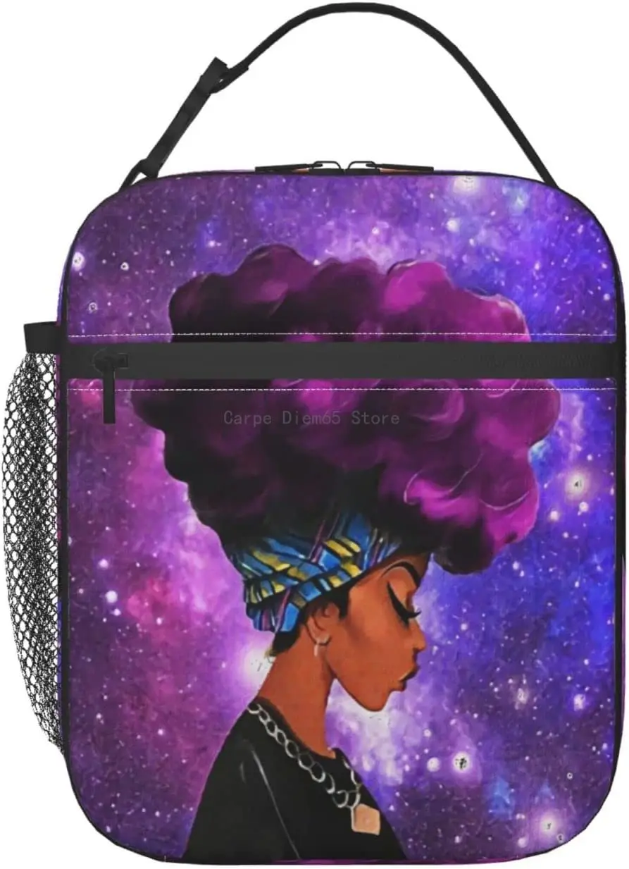 

Afro African American Woman Lady Purple Galaxy Space Lunch Bag Black Girls Lunch Box Portable Insulated Lunch Tote Bag