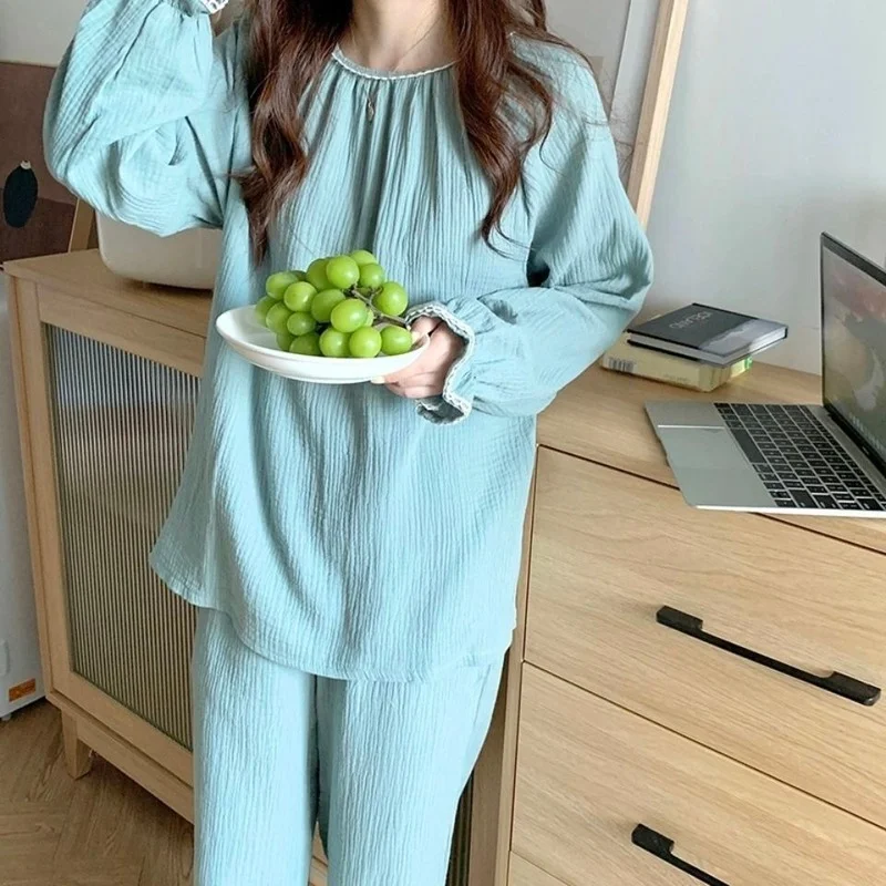 QWEEK Cotton Women's Pajamas Korean Sleepwear Female Set Nightwear Autumn Pijama Long Sleeve Pyjamas Home Suit Nightie Homewear
