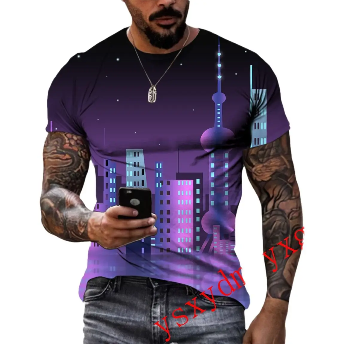 

New Summer Neon Lamp Trend Digital City Men T-Shirts Casual 3D Print Hip Hop Tees Personality Round Neck Loose Short Sleeve Tops