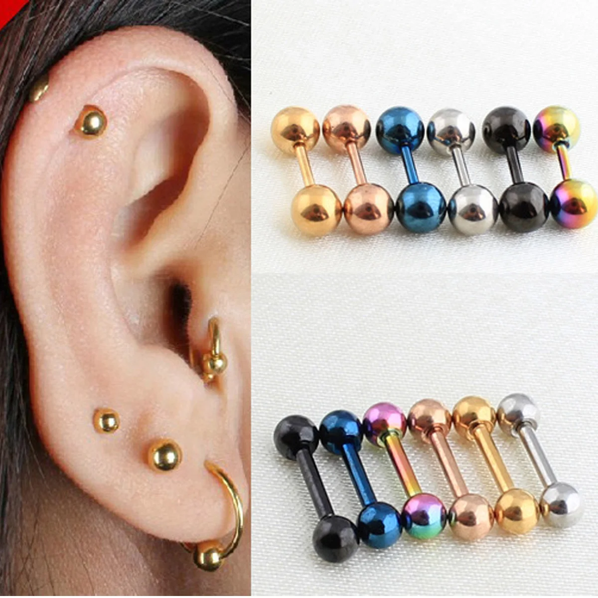 

5PCS/Pack Surgical Steel Fashion Punk Barbell Men Stud Earrings with Ball Helix Piercing Cartilage Earring Women Septum