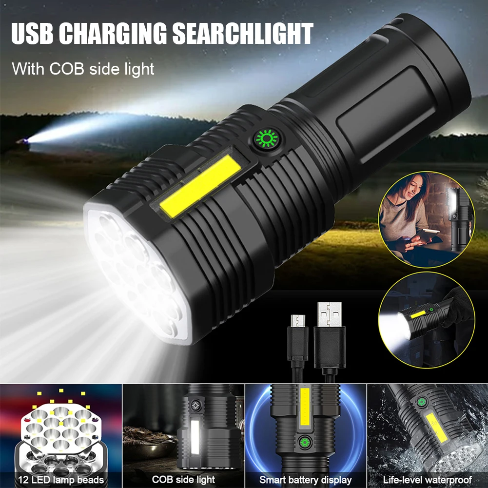 

12LED Flashlight COB Side Lights 1000 Lumens Rechargeable Waterproof Torch With 4 Modes Flashlight For Camping Hiking
