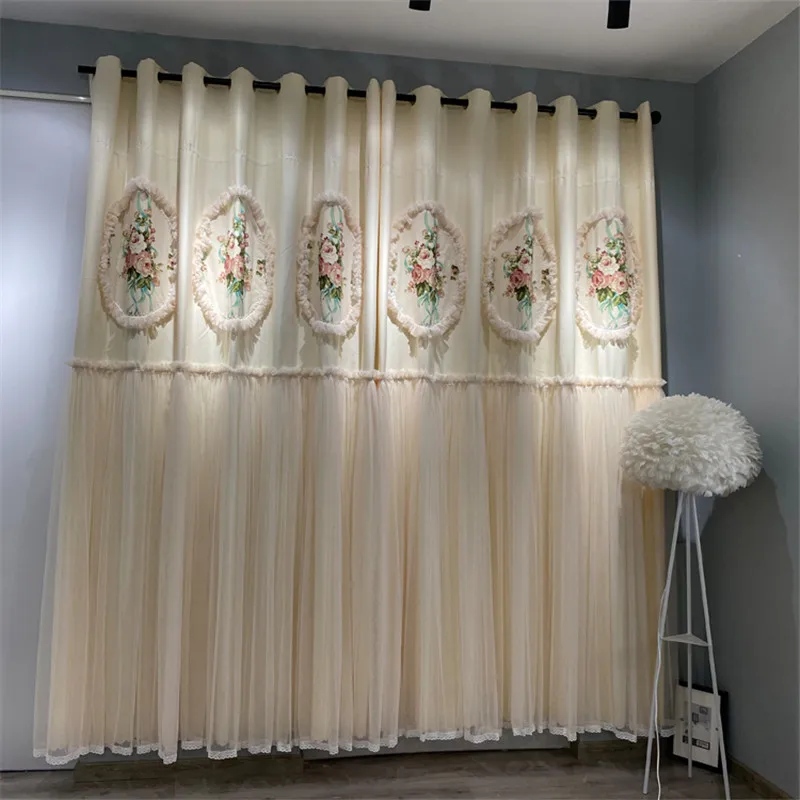 

French Aristocratic Elegant Beige Half Blackout Curtain Peony Print Lotus Leaf Lace Draeps For Bedroom Living Room Custom #5