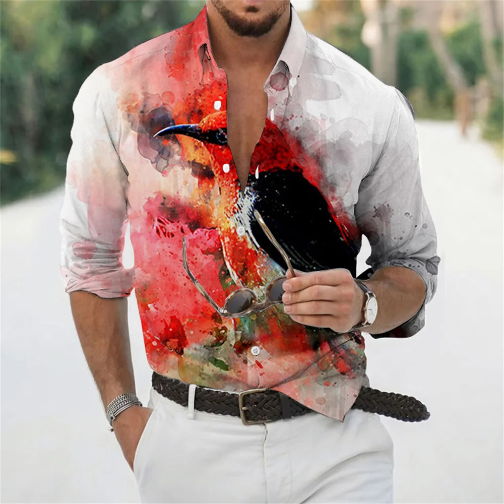 

Fashion Hawaii Cool 3d Digital Printing Men's Shirts 2022 Autumn New Casual Bird Print Long Sleeve Turndown Collar Tops Clothes
