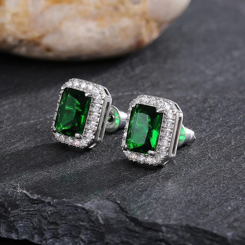 

New Classic Silver Plated Square Stud Earrings For Women Shine Green CZ Stone Inlay Fashion Jewelry Wedding Party Gift Earring