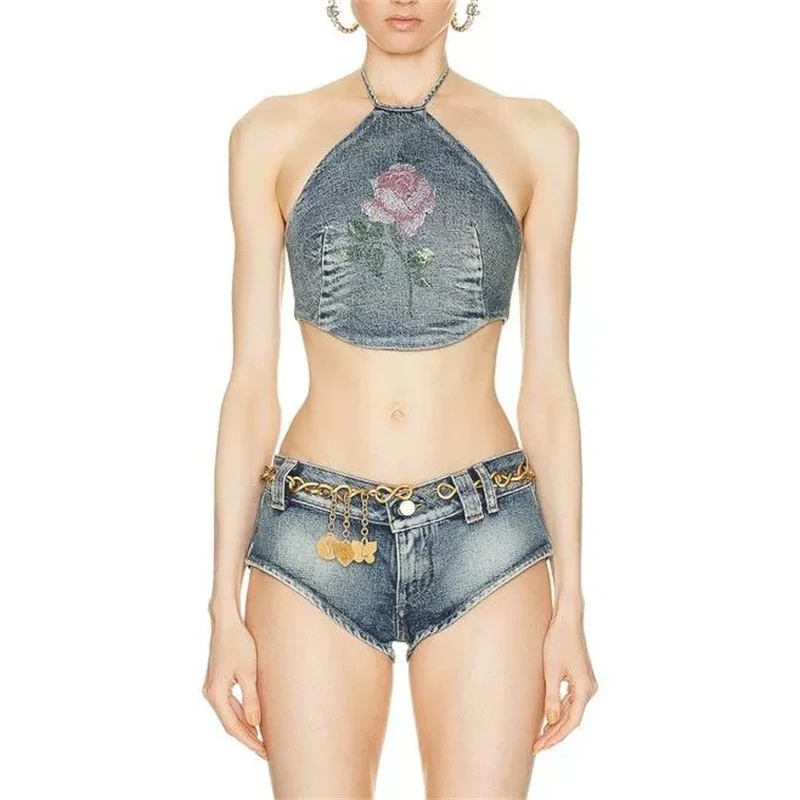 

Summer new women's pure cotton denim strap halter vest y2k retro fashion sexy strap rose flower studded diamond short suspenders