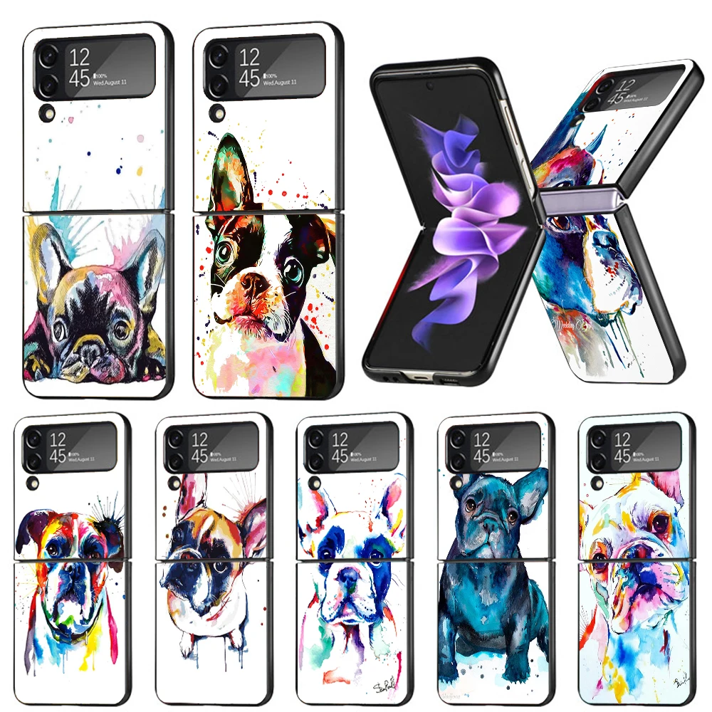 

French Bulldog Dog Pug Hard Black Cover for Samsung Galaxy Z Flip 4 3 5G Phone Case Flip4 Flip3 Pattern Luxury Shockproof Capa