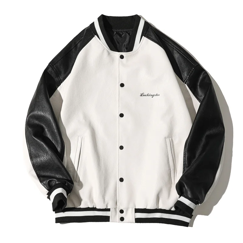 

Mens Street Retro Baseball Uniform Leather Bomber Men Autumn Winter Loose All-match Casual Fashion Thickened Jacket