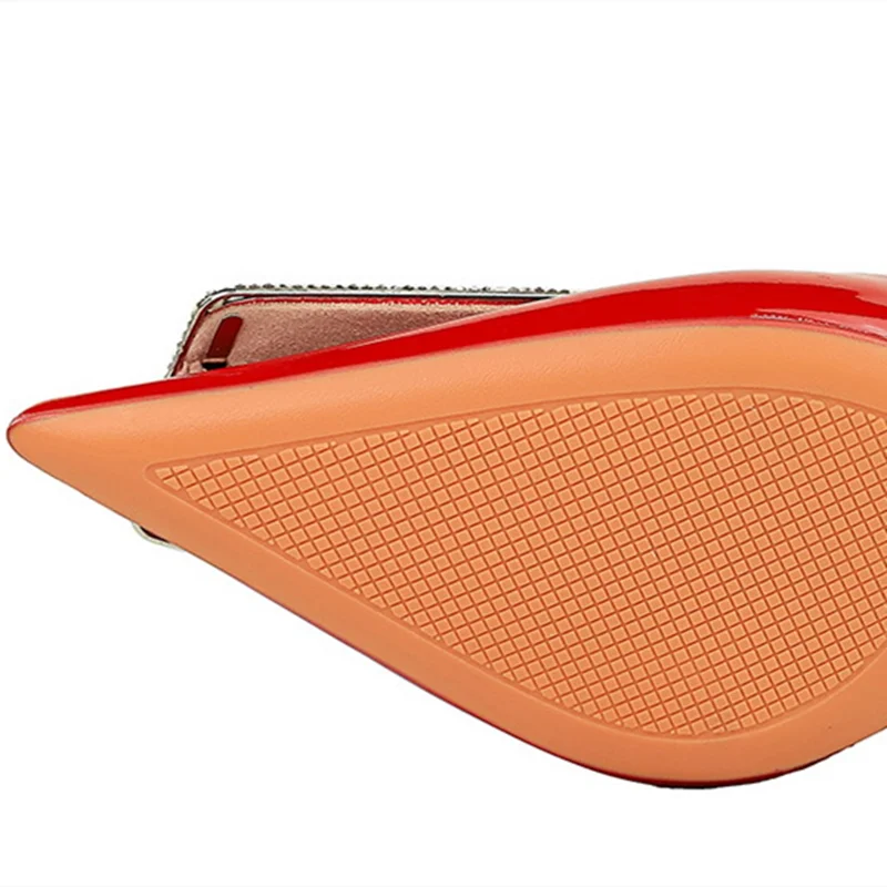 Women Shiny Leather Sandals Cover Heels 8cm Pointy Toe Stilettos Shallow Mouth For Narrow Feet 34-40 24cm Crystal Buckle Pumps