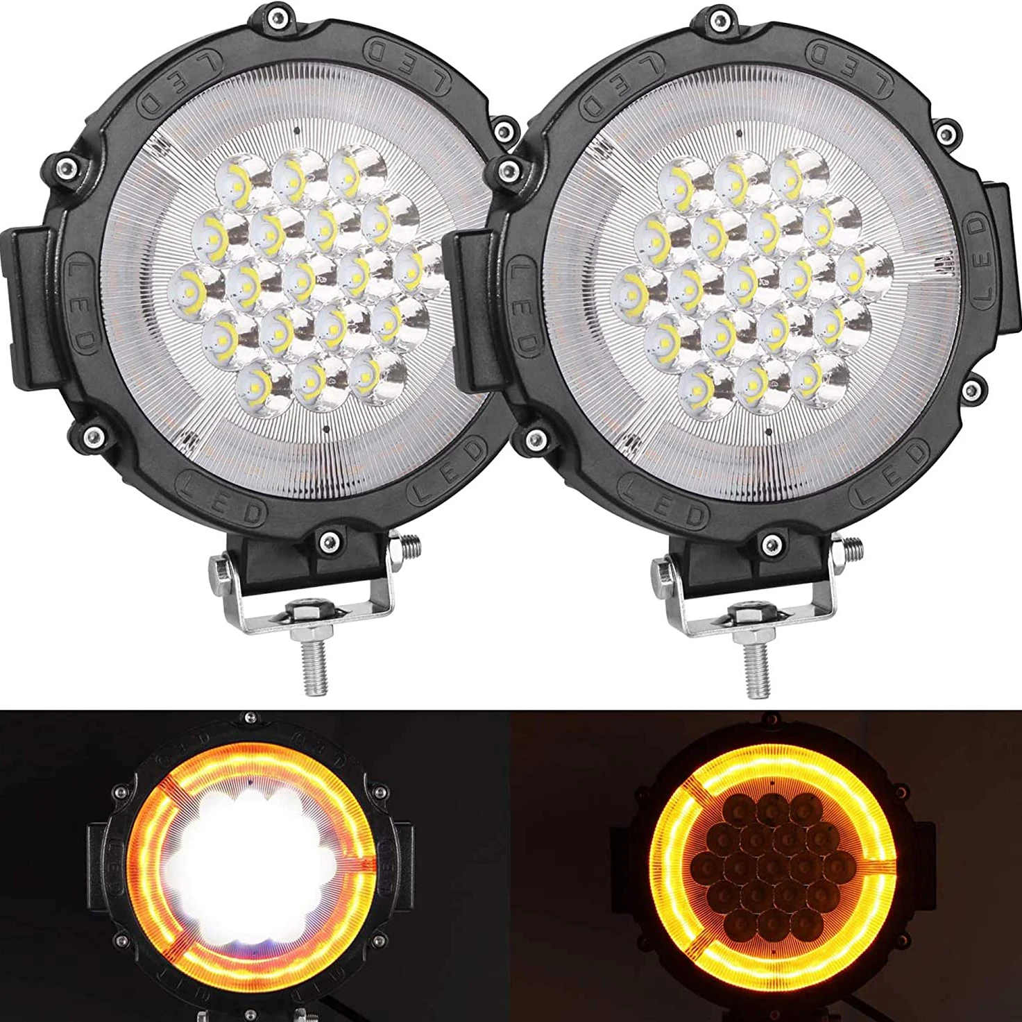 

Yorkim 7" Led Round Angel Eye Light Bar LED Pods with Flash Strobe Fucntion Off Road LED Light Bar Spot Flood Combo Pack of 2