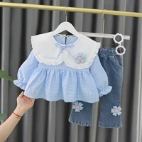 lzh 2022 spring autumn plaid long sleeve suit for girls set cute lapel top jeans 2pcs outfits for baby girls clothes 1 4 years