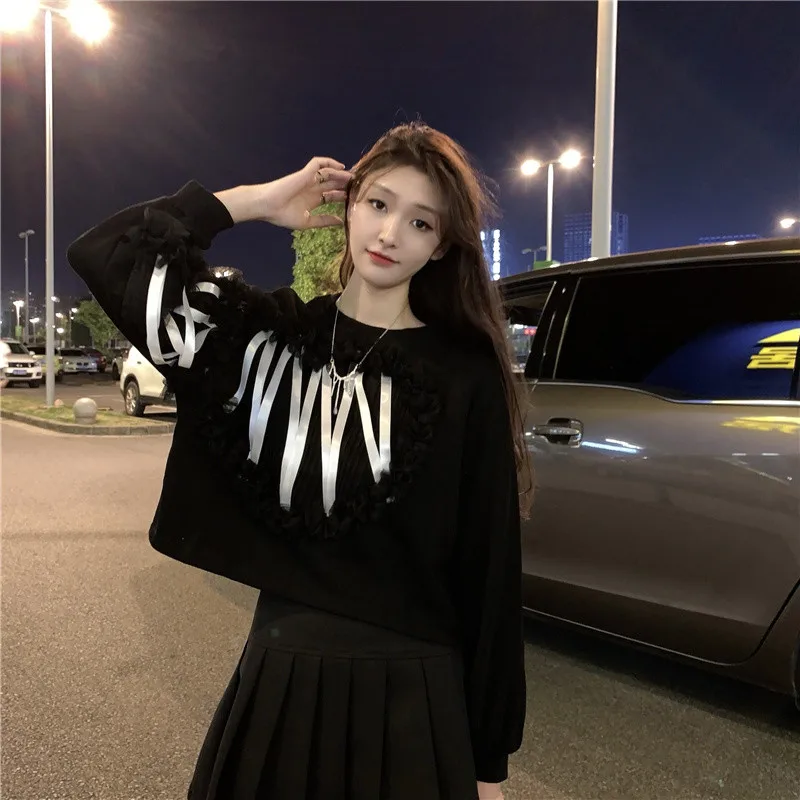 

0648 2023 new loose high waist short heavy industry mesh ribbon love long sleeve Sweatshirts