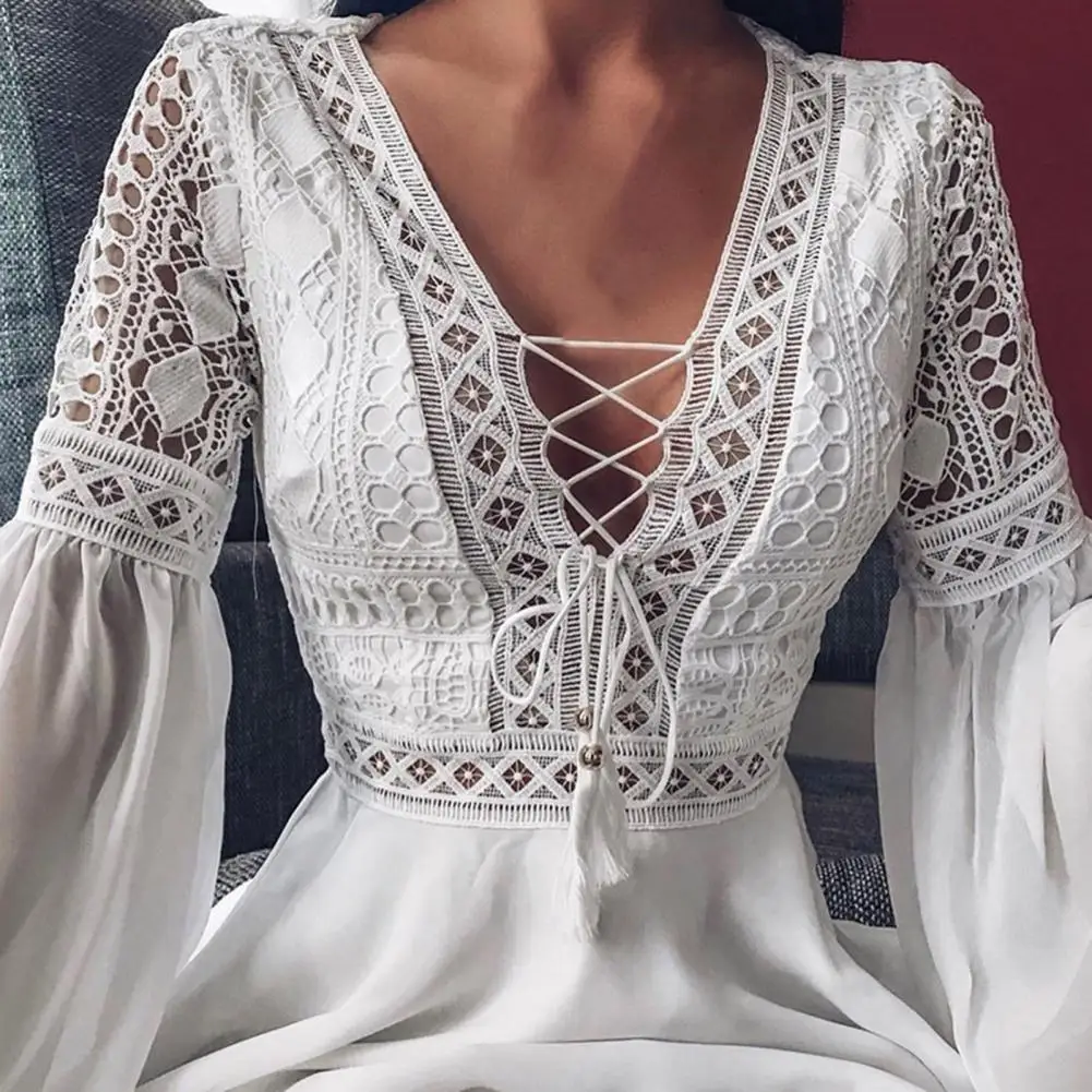 

Women's A Line Dress Short Mini Dress White Black Red Long Sleeve Solid Color Ruffle Patchwork Chiffon Spring Summer Slim V Neck