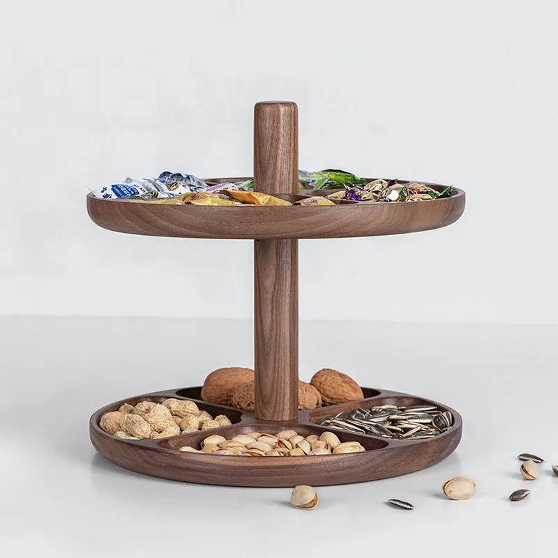 

Creative Double Layer Wooden Storage Trays Nordic Style Round Rotatable Snacks/Nuts Plate Eco Natural Wood Fruits Plates