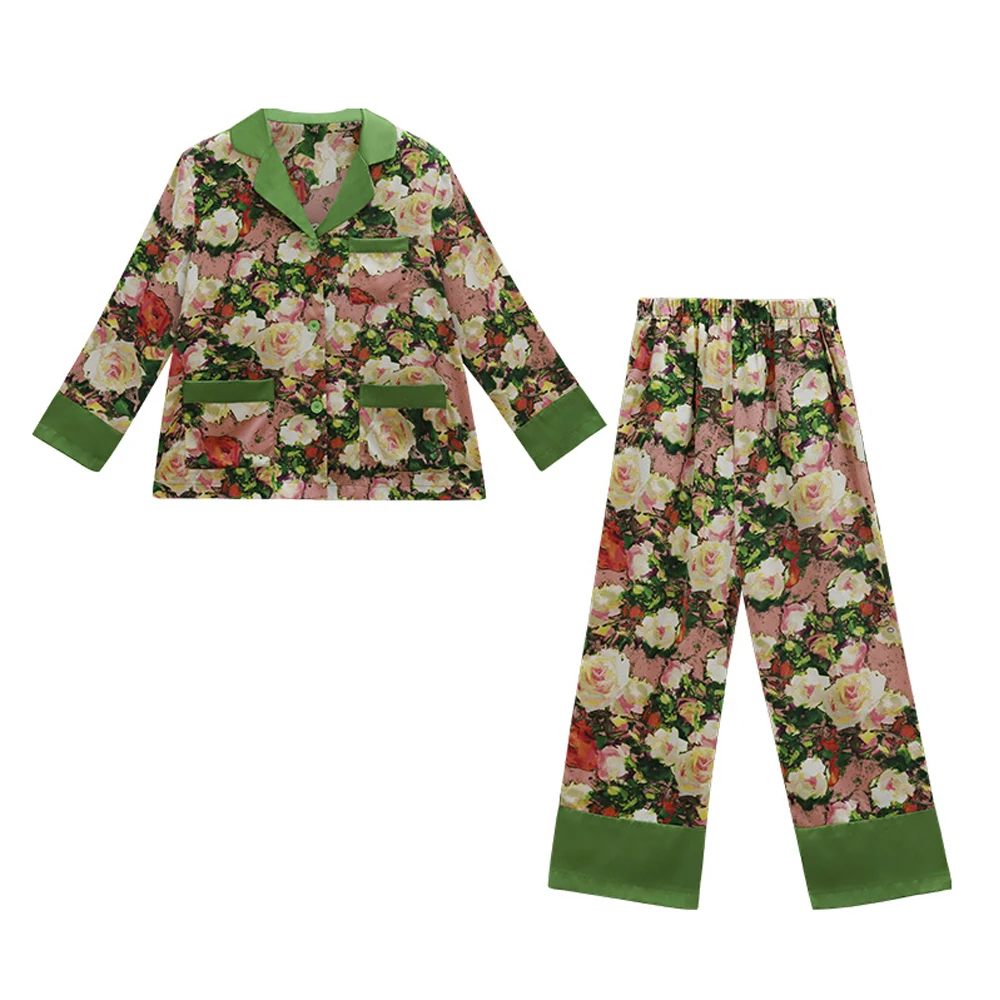 Women's Pajamas Set Floral Printed Silk Satin Loungewear Sleepwear for Women Temperament Pocket 2Pcs Long Sleeves Home Wear