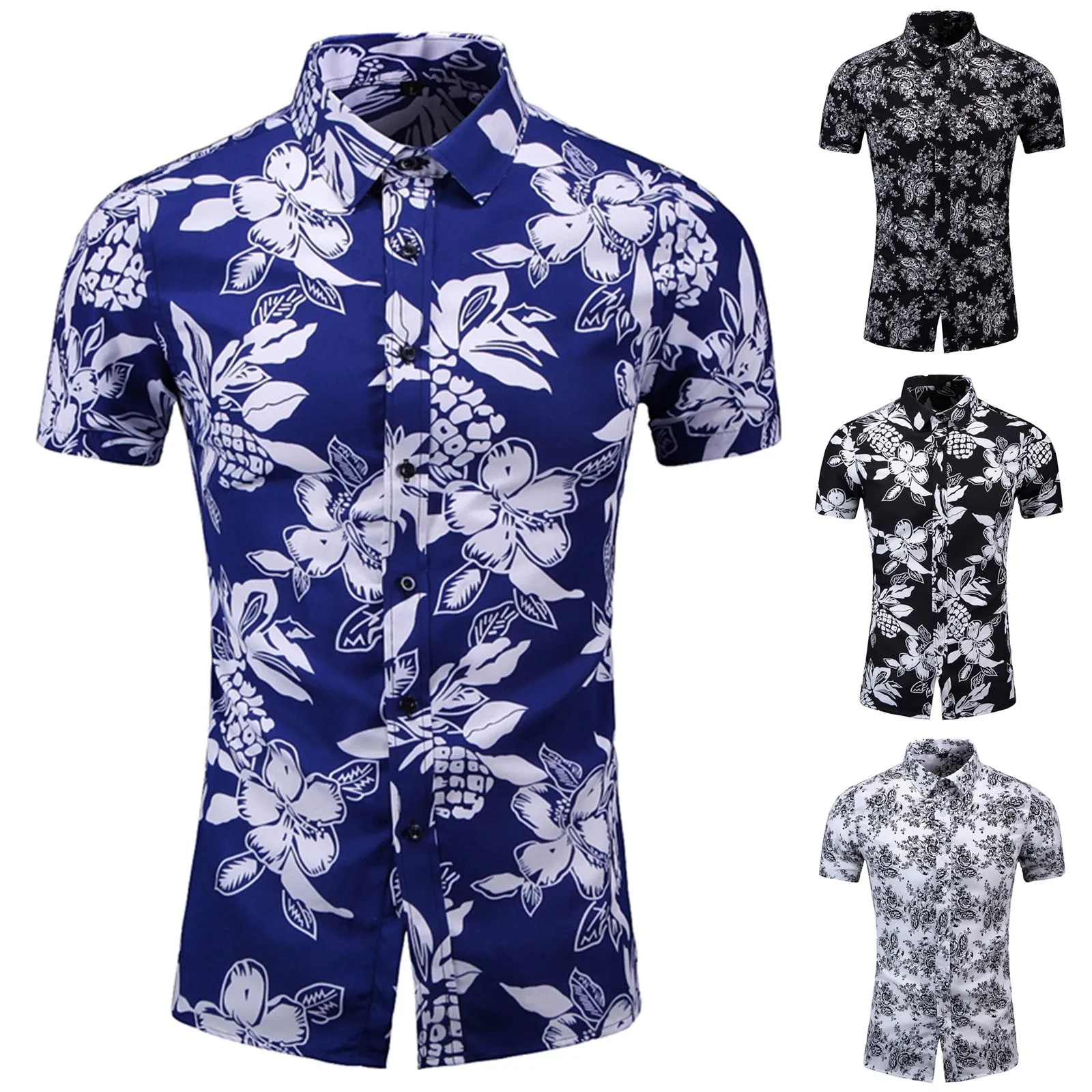 

Men Floral Printed Slim Short Sleeve Shirts Summer Hawaiian Vacation Party Casual Red Blue Black Shirt Camisa Masculina