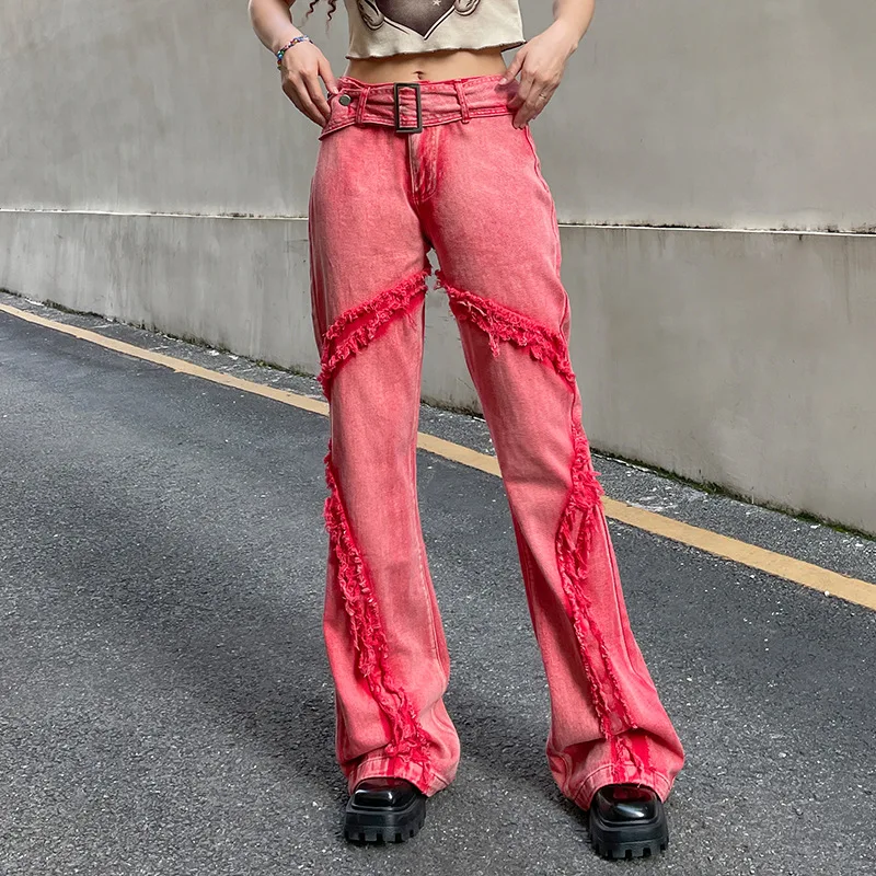 

Red Jeans For Women High Waist Y2k Style Summer Clothes Baggy Denim Trousers Personalized Straight Pants Trending Fashion Bottom