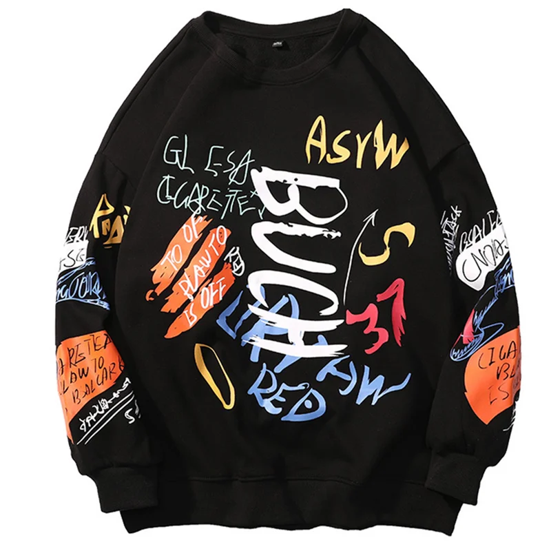 

Oversized Men's Hoodies Graffiti Street Hip Hop O-neck Clothing Black Loose Casual Korean Streetwear Letter Fashion Male Hooded