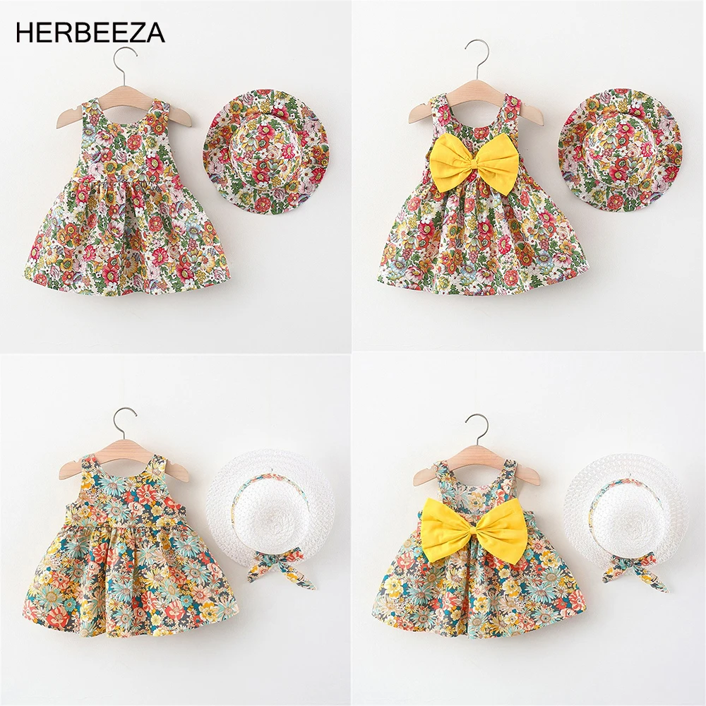 

Summer Baby Girl Clothes For Children bow tie Floral slip Dress Beach Princess Dress Birthday Dress For Infant Costume+Hat
