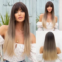 alan eatonl long straight wigs ombre brown synthetic wigs for women natural wigs with bangs cosplay heat resistant hair
