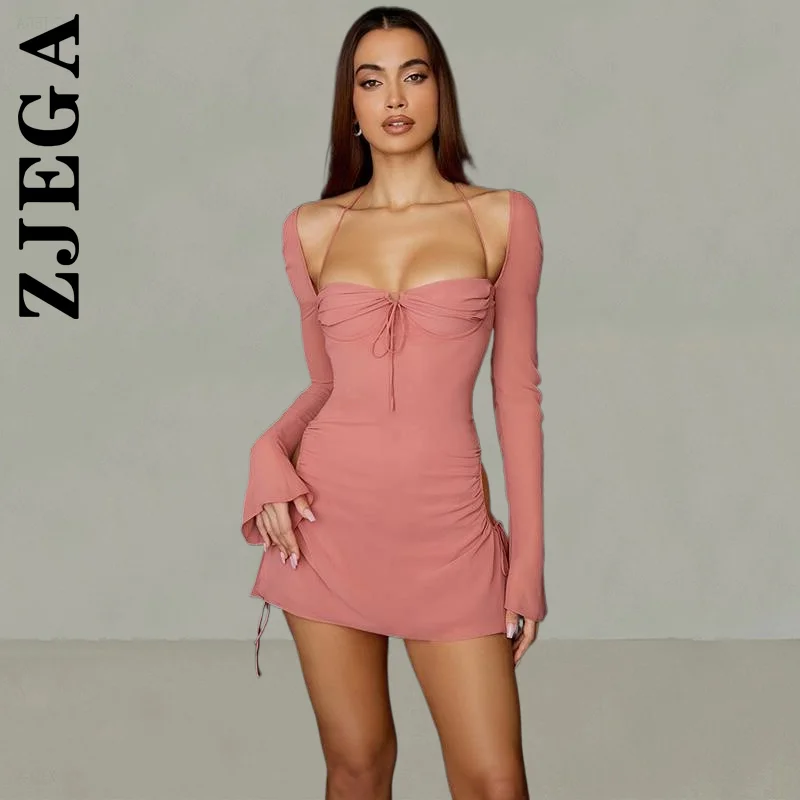 

Zjega Новое Женское Платье стильное милое платье с расклешенным длинным рукавом розовое платье уличная одежда мягкие дешевые платья женская ...