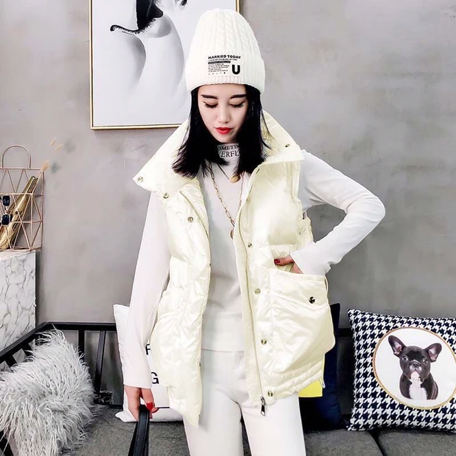 2021 Autumn Winter Down Cotton Women's Vest Korean Version Girls' Outer Coat Students' Fashion Leisure White