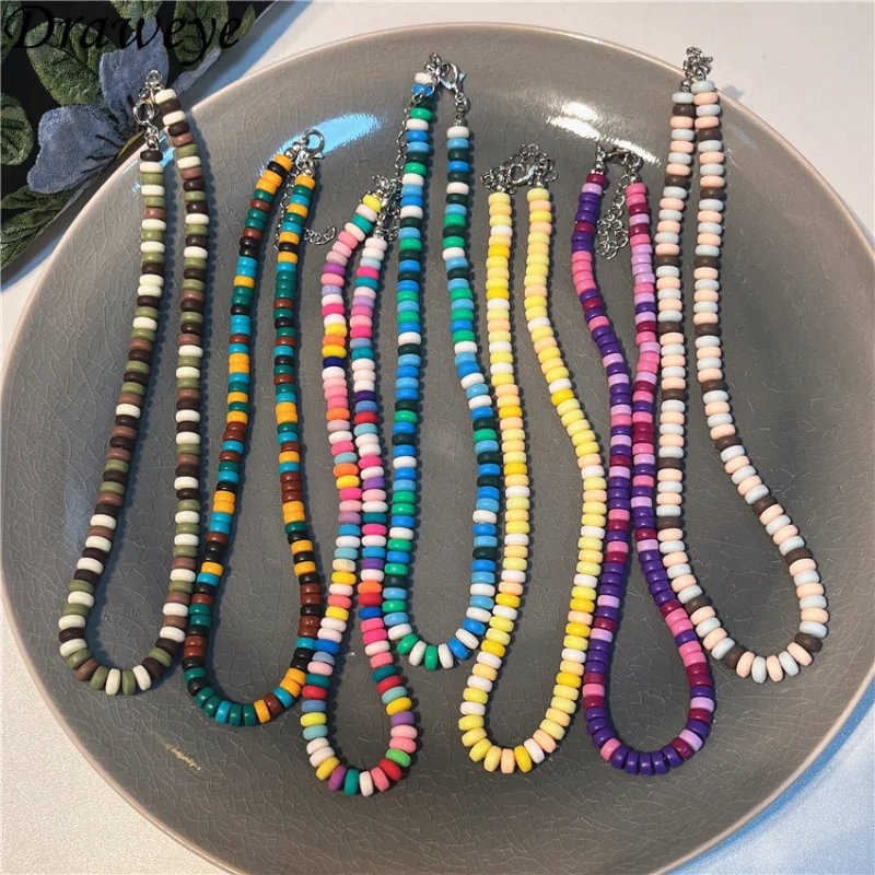 

Draweye Candy Color Sweet Necklaces for Women Colorful Beads Clay Bohemia Summer Jewelry Korrean Fashion Vintage Chokers