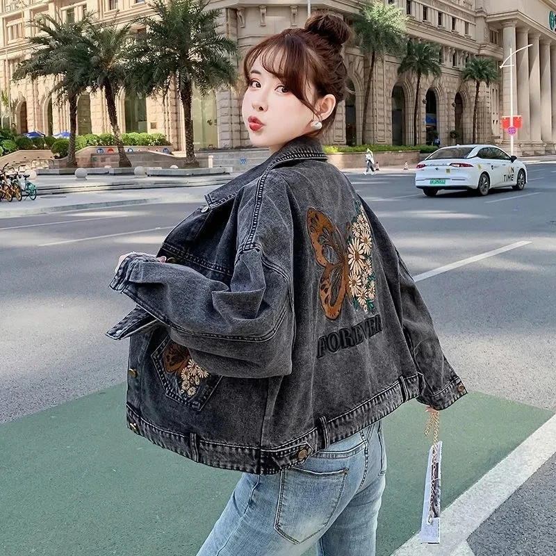 

Butterfly Embroidery Denim Jacket Women 2023 Spring Autumn New Loose Versatile Fashion Tooling Jeans Top Female Short Coat