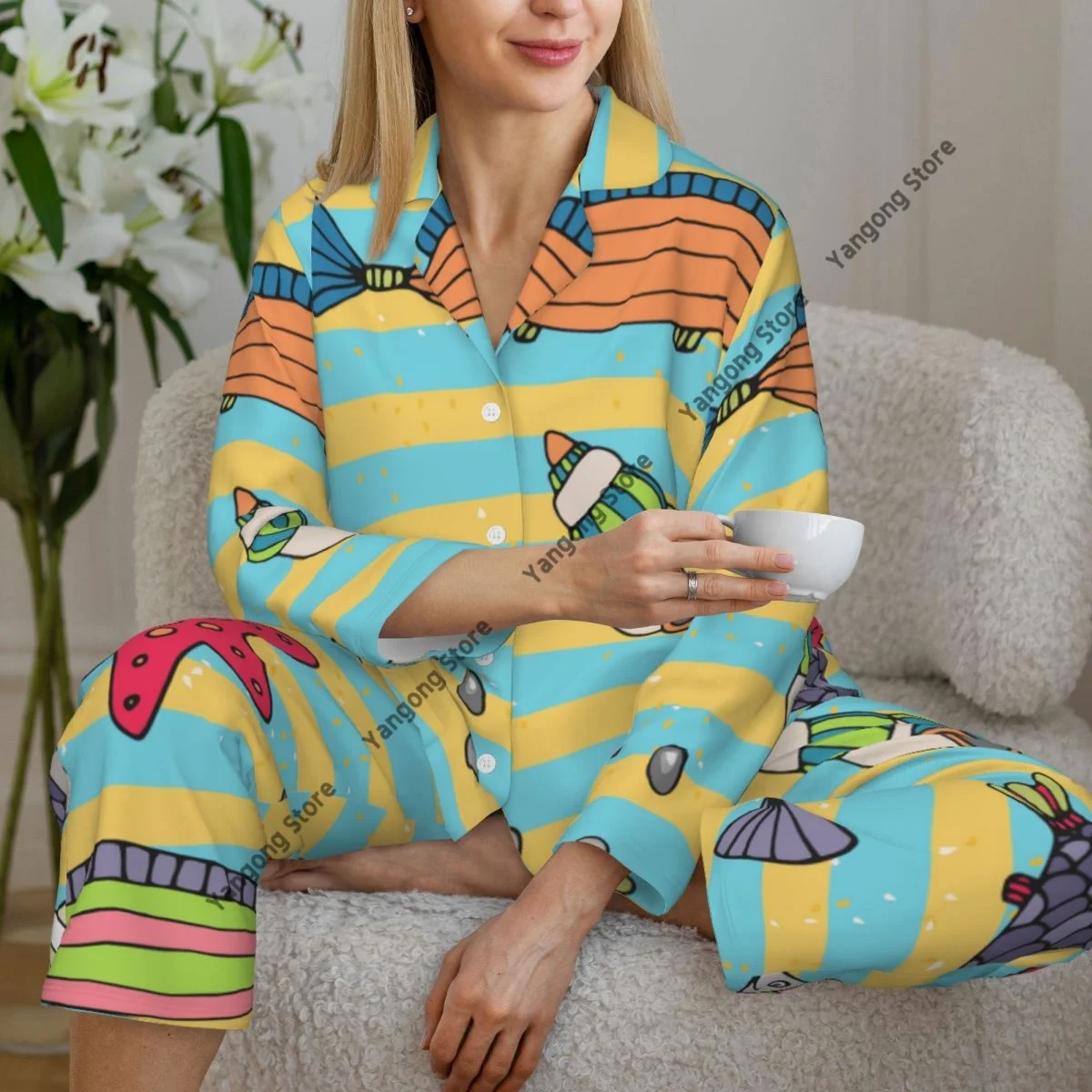 Весенне-осенний пижамный комплект женский из двух предметов с длинными рукавами