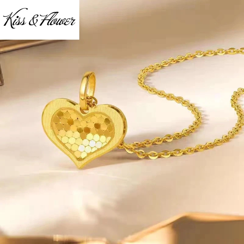 

KISS&FLOWER 24KT Gold Shiny Heart Necklace Pendant For Women Fine Jewelry Wholesale Wedding Party Bride Girlfriend Gift PD127