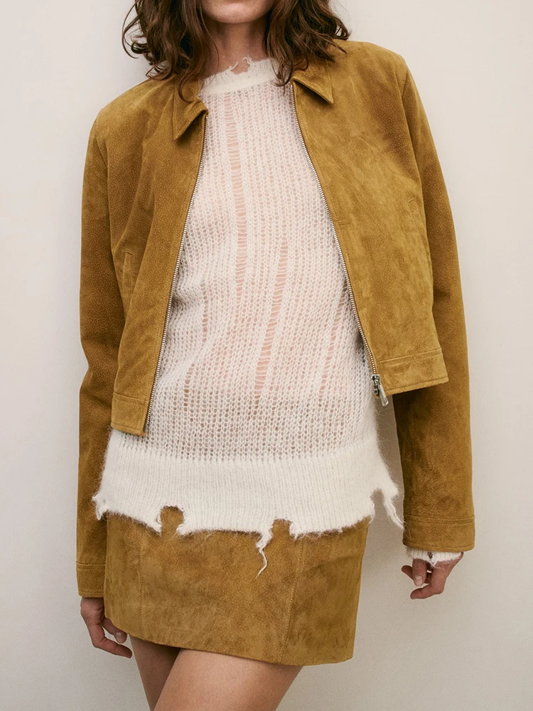 

Женская замшевая куртка с отложным воротником, однотонная верхняя одежда с длинным рукавом и металлической молнией спереди, женская уличная одежда, повседневные женские куртки, новинка 2023