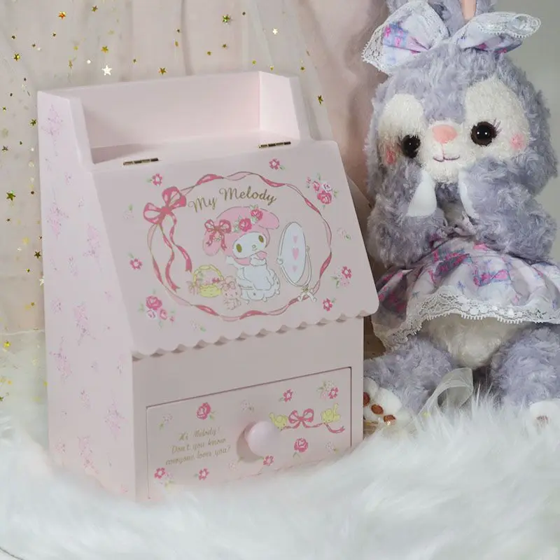 

Деревянная коробка для хранения Sanrio Melody с маленькими двойными звездами, контейнер для кукол с дисплеем, офисные аксессуары для кукол, Япония