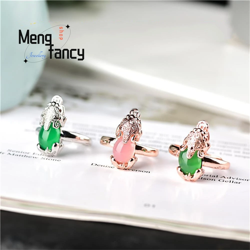 

S925 Silver Natural Green Chalcedony Agate Ice Pixiu Ring Men Women Couple Promise Love Eternity Fine Jade Jewelry Holiday Gifts