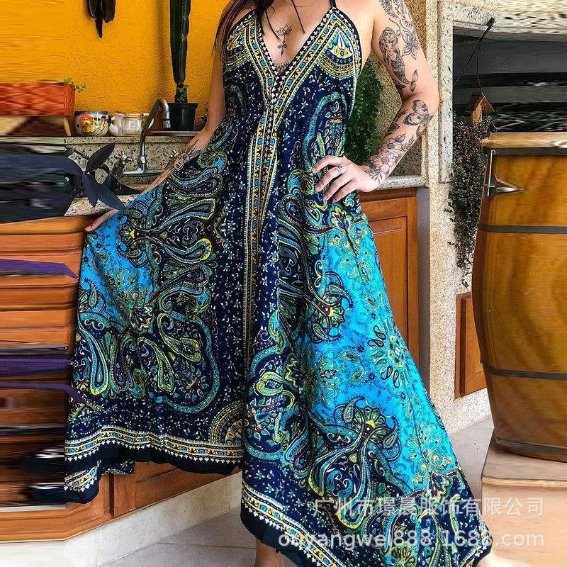 

Dresses for Women Plus Size Popular 2023 Summer New Women's V-neck Print Fashion Casual Backless Dress for Women