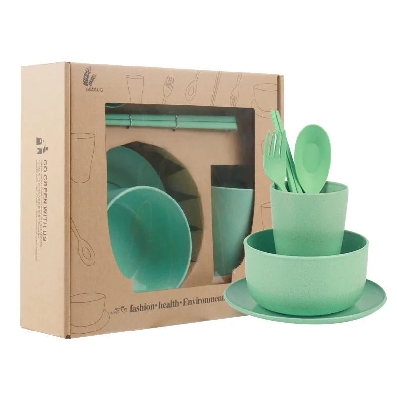 Набор из 6 штук пшеничной соломы чашки Круглые ложки вилки палочки для еды