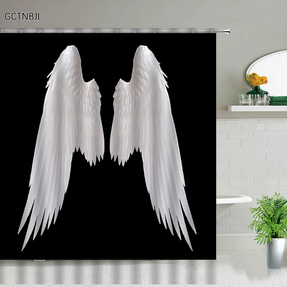 angel wing shower curtain set polyester fabric machine washable background wall curtains for bathroom home decor bath curtain free global shipping