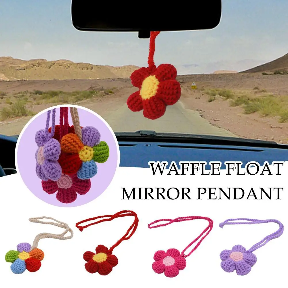 

Waffle Flower Car Mirror Hanging Accessories, Crochet Flower Car Rear View Mirror Accessories, Car Mirror Charm Hanging D
