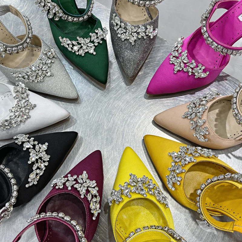 2022 Autumn New Fashion High Heels Stiletto Pointed Wheat Ear Rhinestone Single Shoes Satin Wedding Shoes Slippers
