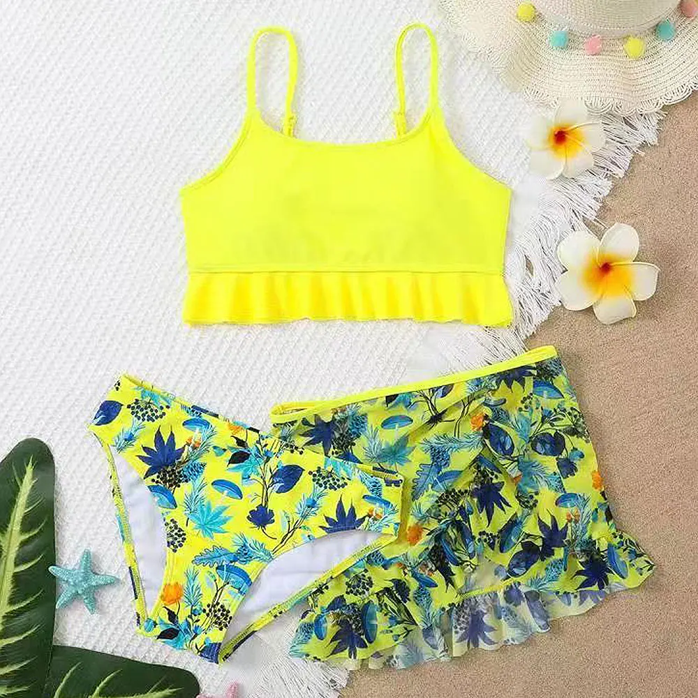 

Girls 3pack Tropical Print Bikini Swimsuit Kids with Beach Cover Skirt 7-14 Years Bathing Suit Ruffle Children's Swimwear 2023