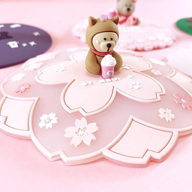 3D милый чехол для чашки мультяшный медведь женский силиконовый с цветами вишни