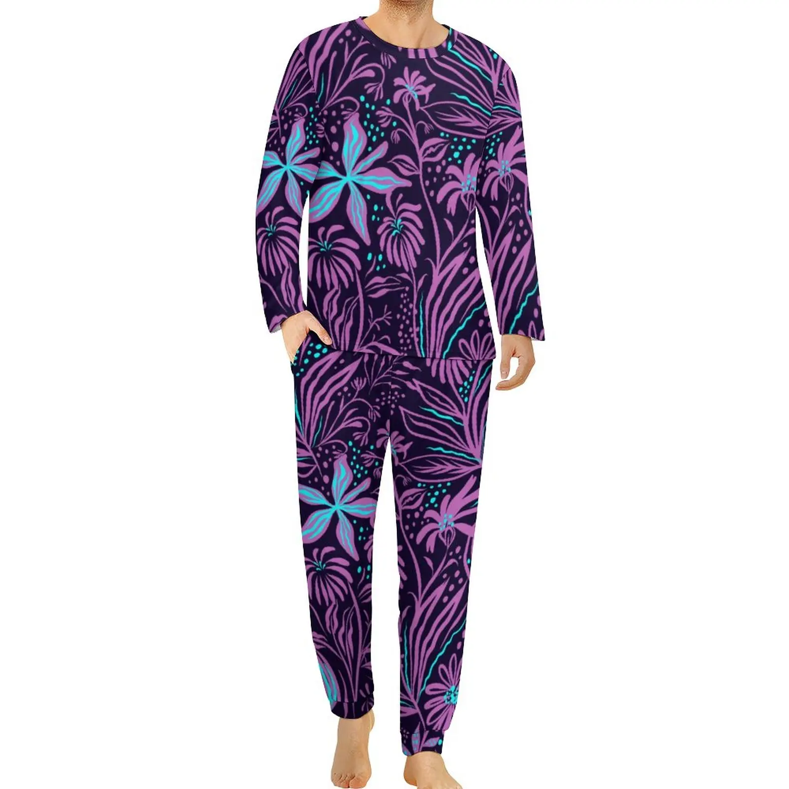 Tropical Flower Pajamas Winter Purple Blue Floral Leisure Sleepwear Men 2 Pieces Pattern Long-Sleeve Kawaii Oversize Pajama Sets